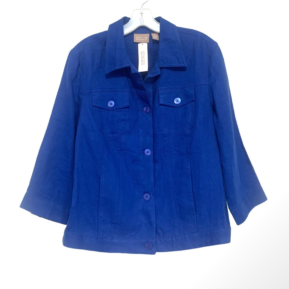 NWT Chicos Corsican Blue Linen Jacket Women's Size 1 Med 3/4 Sleeve Button Front